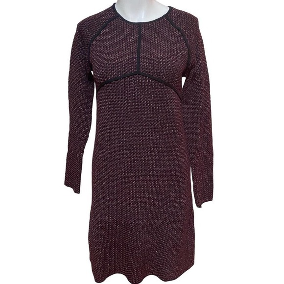 Zara Knit Sheath Dress Metallic Long Sleeves Crew Neck  Black Maroon Gold Medium - Picture 2 of 8